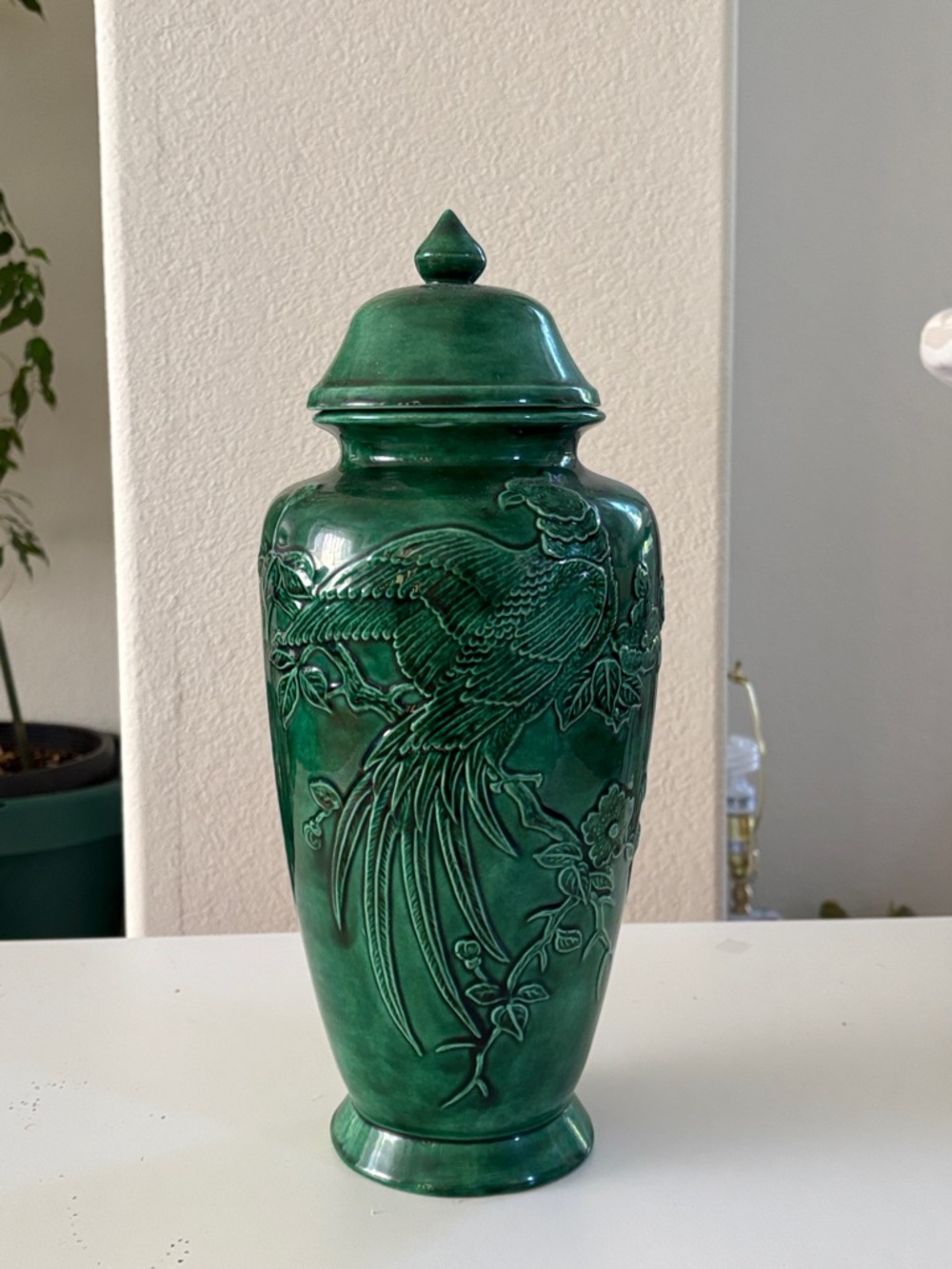 Vintage Green Ceramic Lidded Vase with Bird Relief